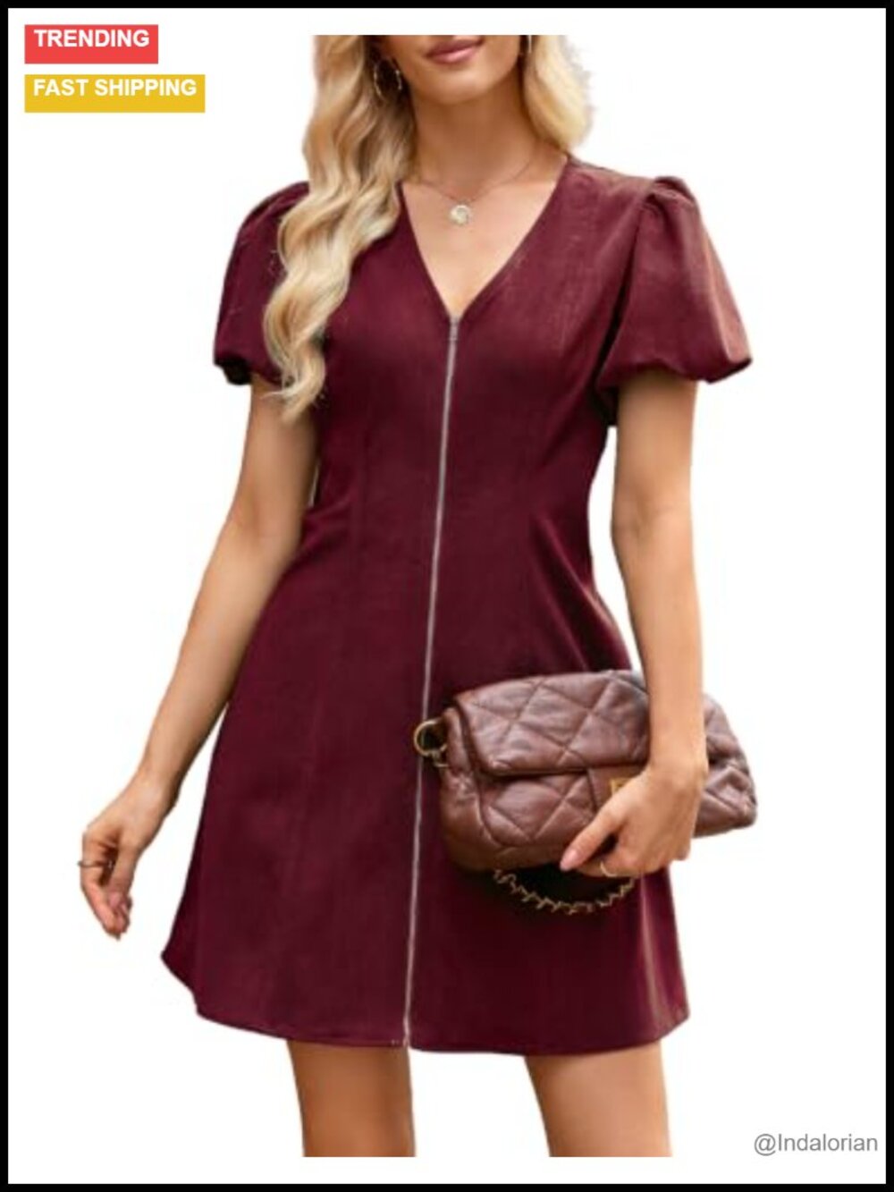 Corduroy Mini Dress Puff Short Sleeve Zip Up V Neck A Line